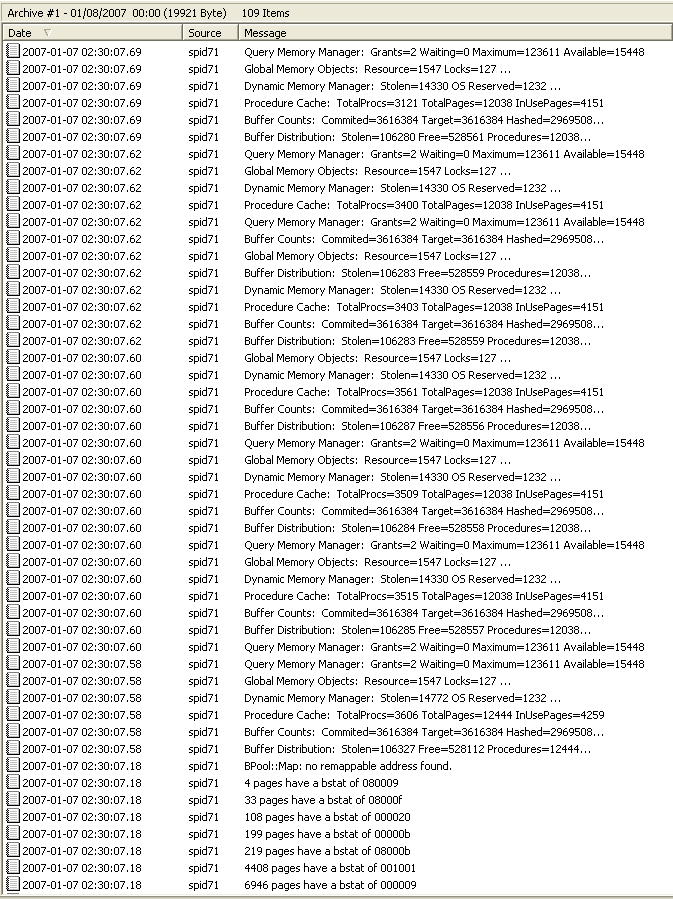 SQL error log entries similar to DBCC MEMORYSTATUS output