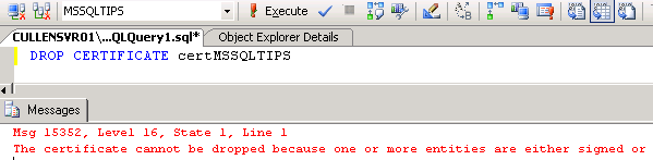 Error message encountered when dropping an object used for encryption
