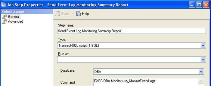The job step calls the Monitor.usp_MonitorEventLogs stored procedure