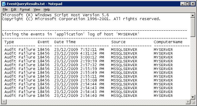 Output of eventquery.vbs captured in a text file