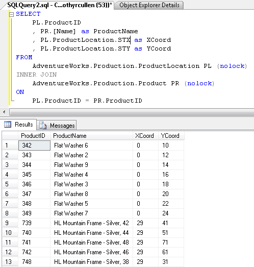 Results of the query to obtain coordinates