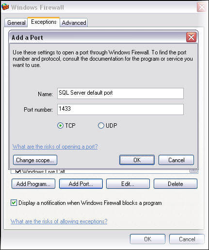 Add SQL Server default port in Windows firewall exception list