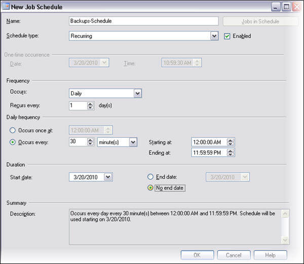  Click new and another frame will appear for configuration of backup interval and timing