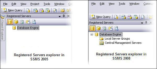  screenshot of registered servers explorer both in SSMS 2005 and 2008