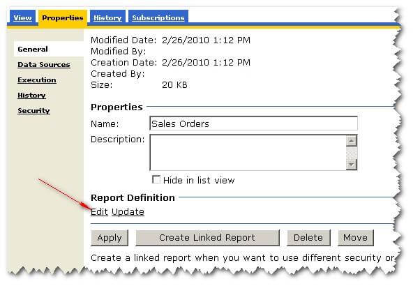 On the Properties tab, find the "Report Definition" section.