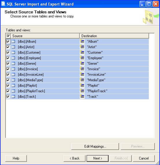 select tables and views to export from the SQL Server database