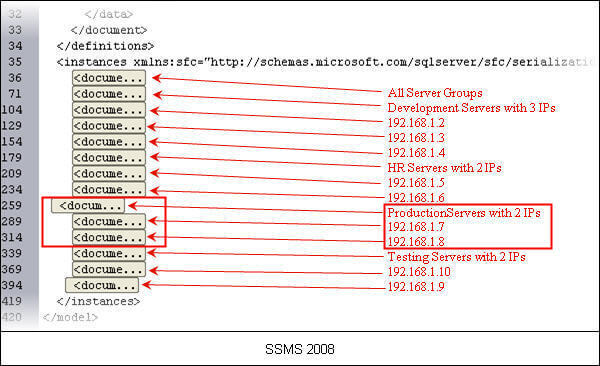 For SSMS 2008 I would remove the following marked tags and also the entry of ProductionServers