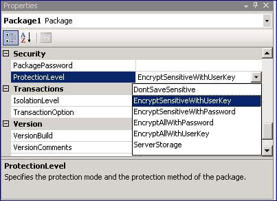 SSIS packages have a property called ProtectionLevel with several possible values
