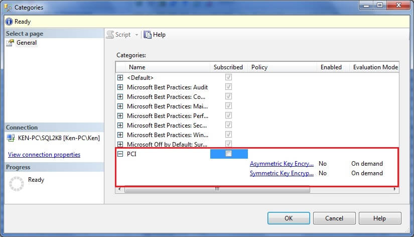  Right-Click the database, select Policies -> Categories to display the Categories dialog box 