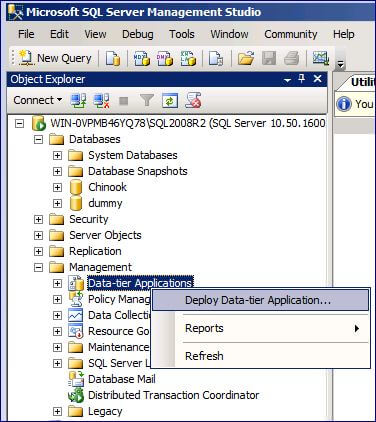  To deploy using SQL Server Management Studio, navigate to the Management node in Object Explorer 