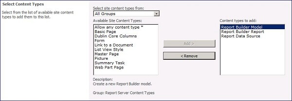 the Report Builder Model, Report Builder Report, and Report Data Source content types
