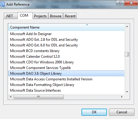  using Access 2003 add the Microsoft Data Access Objects (DAO) 3.6 Object Library using the COM tab 