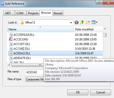 using Microsoft Access 2007 then add C:\Program Files\Microsoft Office\Office12\ACEDAO.DLL 