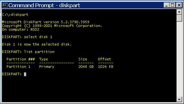 DISKPART shows the partition at the 1024 KB offset
