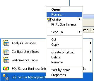 Click on SQL Server Management Studio and Click on "Run as"
