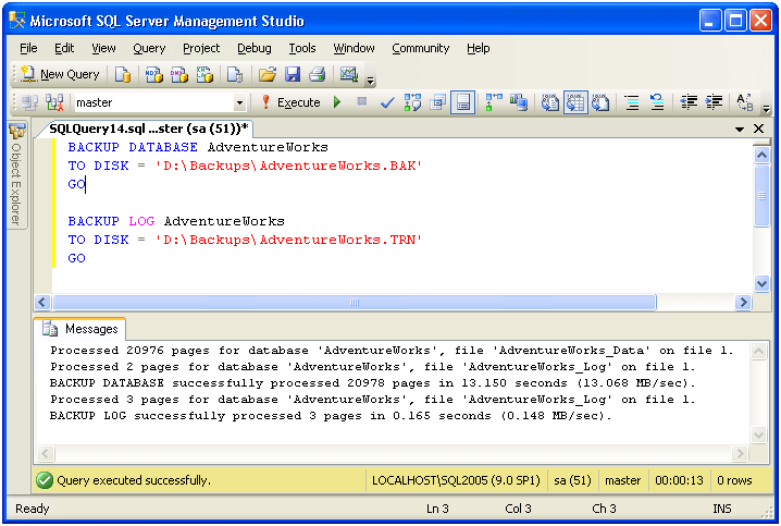 Perform a Full and a Transactional Log Backup of the User Database Using T-SQL Commands