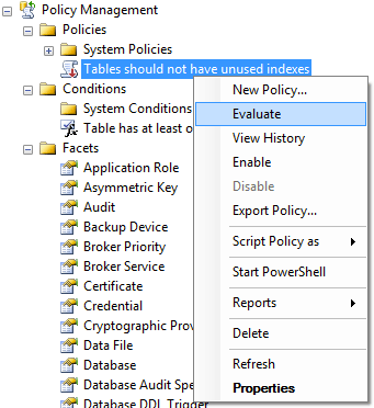 click the Policy in Object Explorer and choose Evaluate