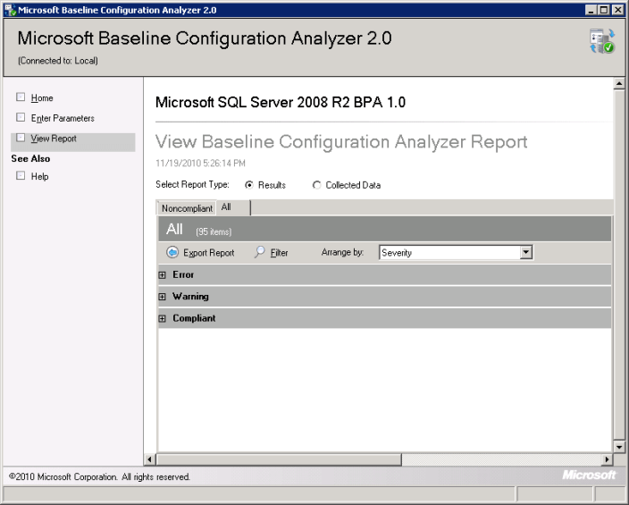 Once the Microsoft SQL Server 2008 R2 BPA 1.0 has completed the scanning you will be able to see the Baseline Configuration Analyzer Report which will be categorized into Errors, Warnings and Complaints 