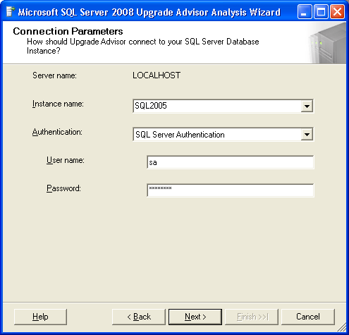 In Connection Parameters screen choose Instance Name and Authentication