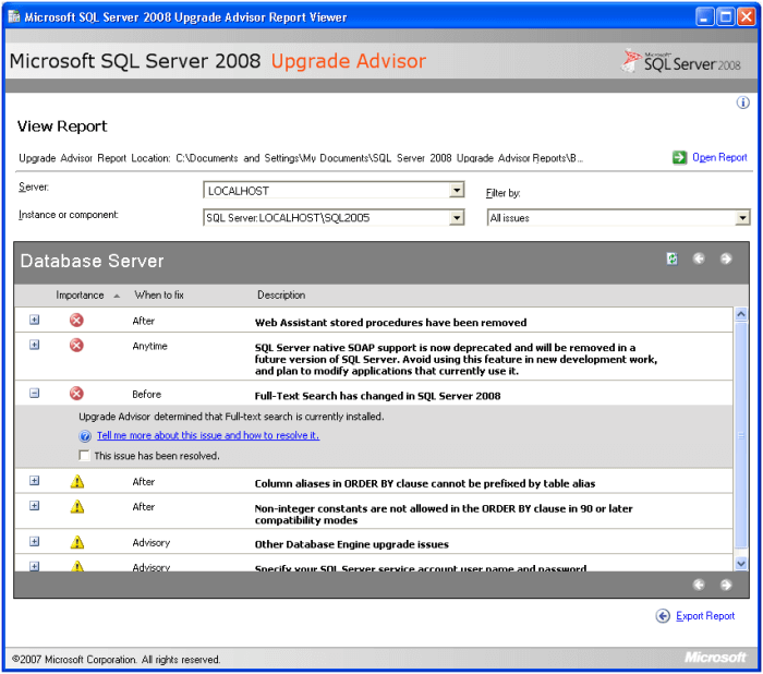 sql server 2008 upgrade advisor view report screen