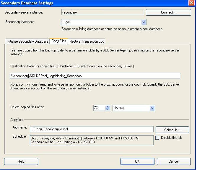 log shipping secondary database restore copy files settings