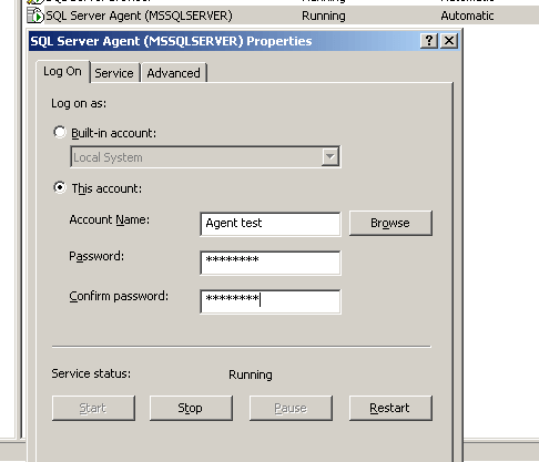 change the log on account of the sql server agent service in sql server configuration manager in sql server 2005