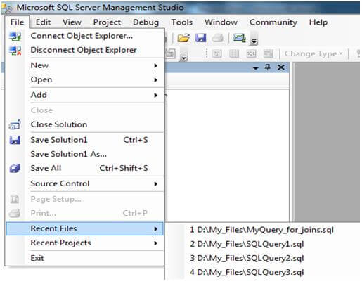steps to change the recent files in ssms
