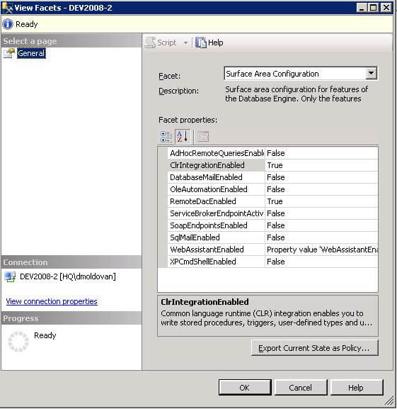 using the surface area configuration tool for sql 22005 or the server facets for sql 2008