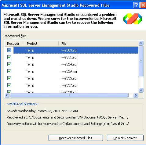 turning off the auto recovery feature in ssms