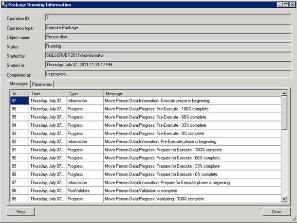 sql server 2011 package running information