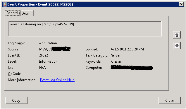 window event viewer sql server port number details