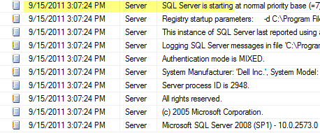 sql server error log start up time