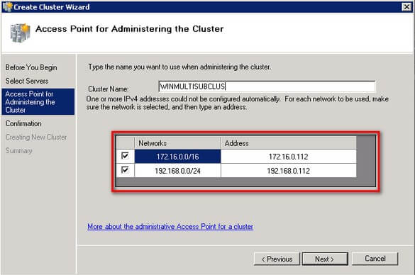 the Access Point for Administering the Cluster dialog box
