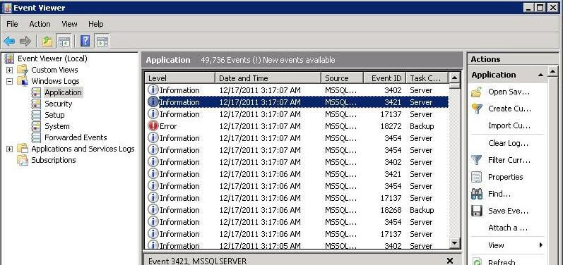 Event Viewer look for log shipping related errors