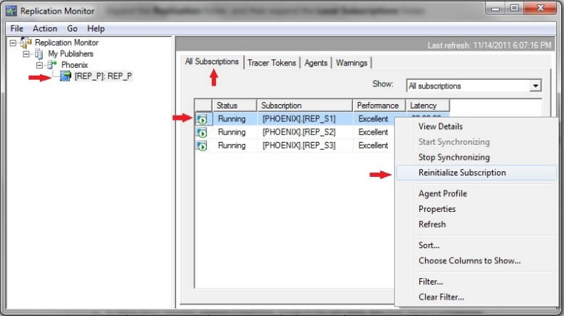 sql replication monitor reinitialize subscription