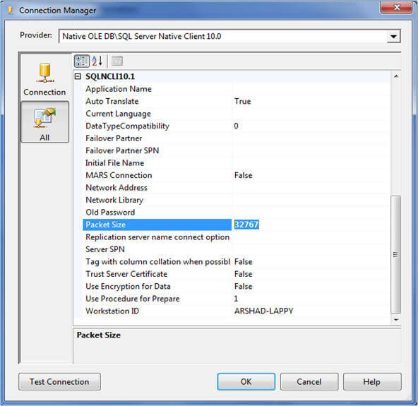 sql server connection manager settings