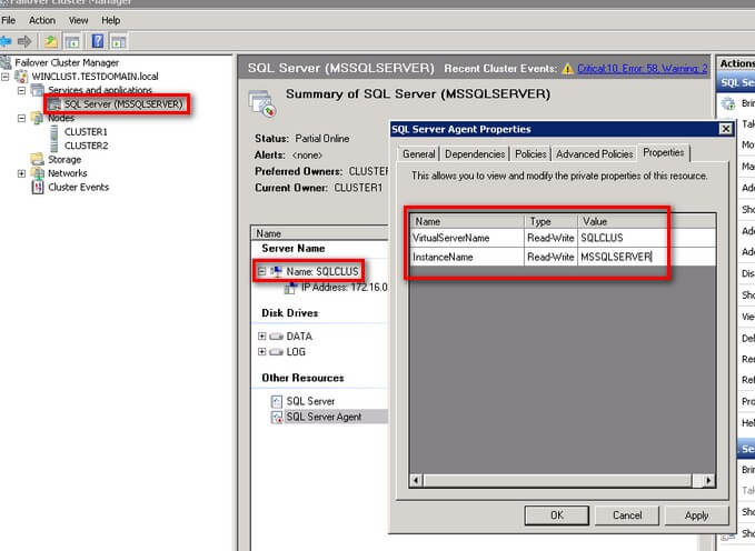 cluseter manager Set the private properties of the SQL Server Agent resource.