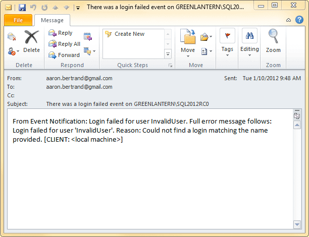 E-mail resulting from an Event Notification