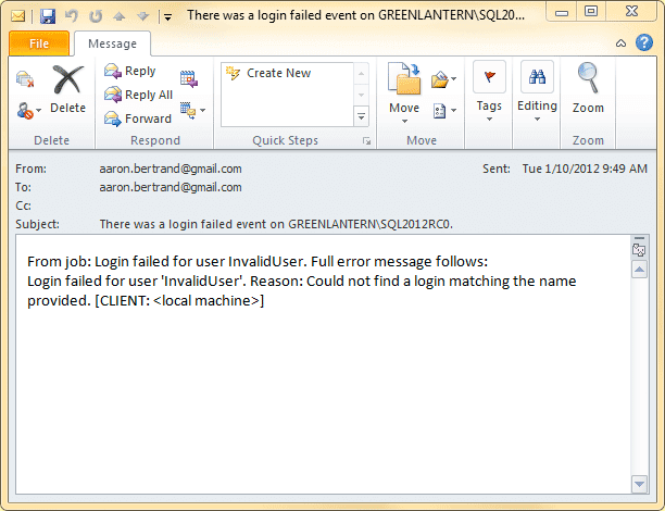 E-mail resulting from an alert to a job