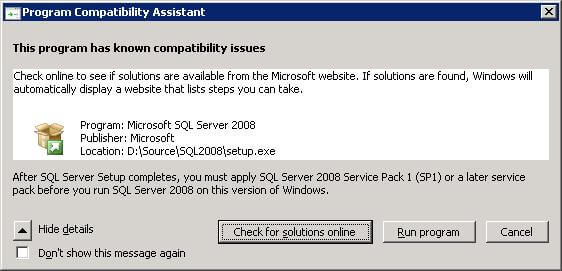 SQL Server 2008 on Windows Server 2008 R2: Warning message for minimum version