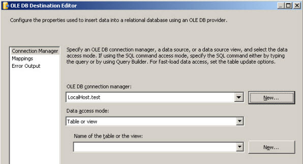 OLE DB Destination connection Editor