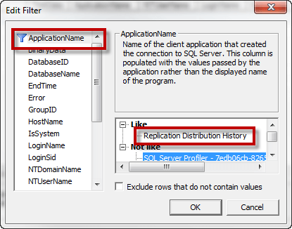 add "ApplicationName: Replication Distribution History" under "ApplicationName" like below
