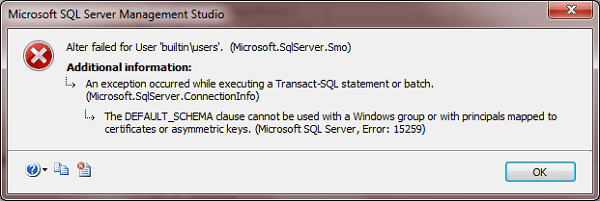 Error from SQL Server indicating default schema isn't permitted for this user.