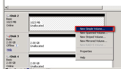 right-click on the unallocated space and select New Simple Volume