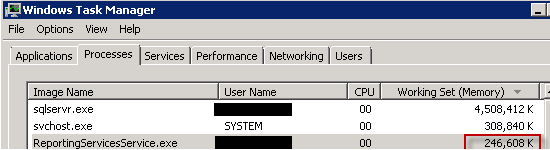 Windows Task Manager with Reporting Services Memory Usage Highlighted