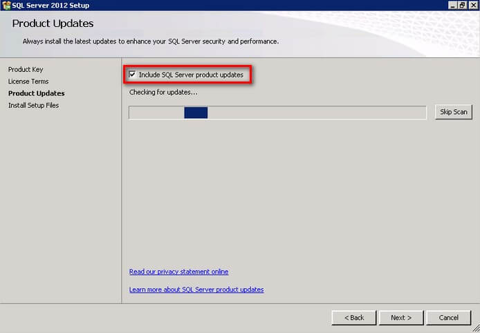 SQL Server product updates screen