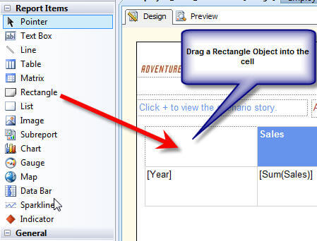 Drag the rectangle object into the SSRS report