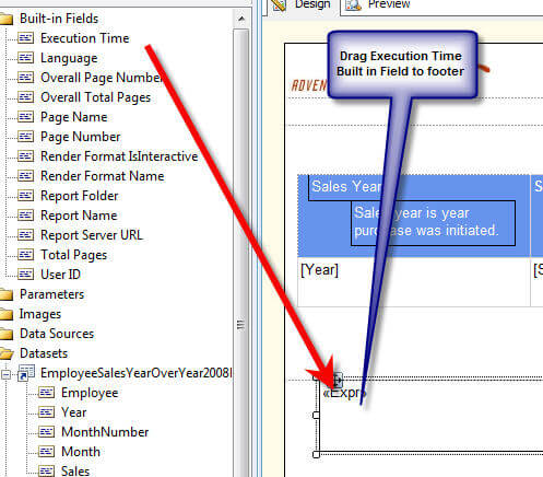 Drag the execution time into the footer of the SSRS report