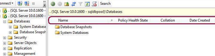 Object Explorer Detail View with Column Headers and no databases displayed