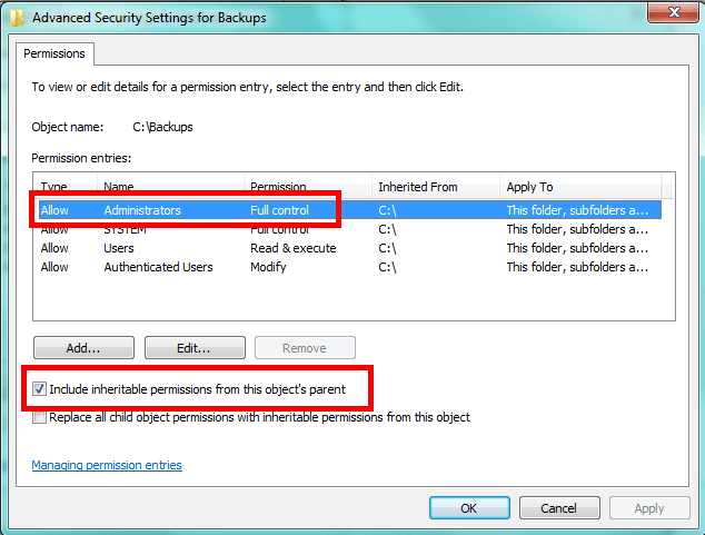 Advanced Security Settings for a Windows Directory